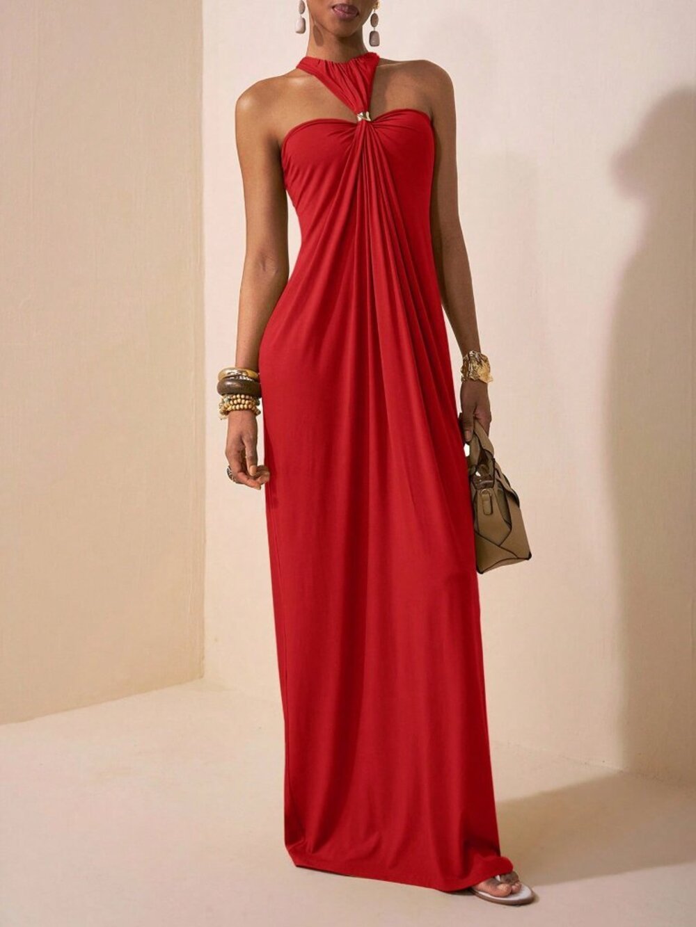 Red Casual Elegant Boho Women's Halter Backless Maxi Dress with Metal Ring
